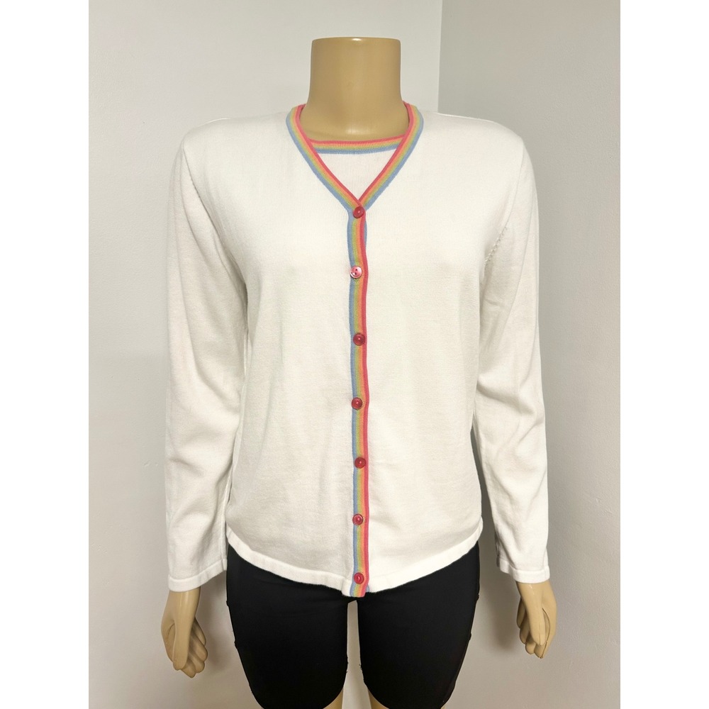 Y2K Sag Harbor Vintage White Rainbow Trim Cotton Cardigan Medium Australia